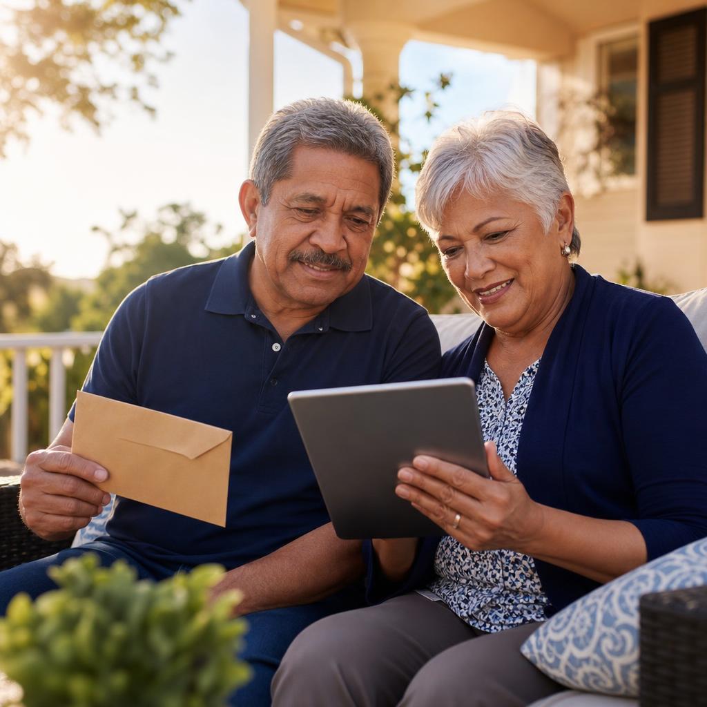 Retired public-sector couple reviewing a Social Security record on a laptop at home.